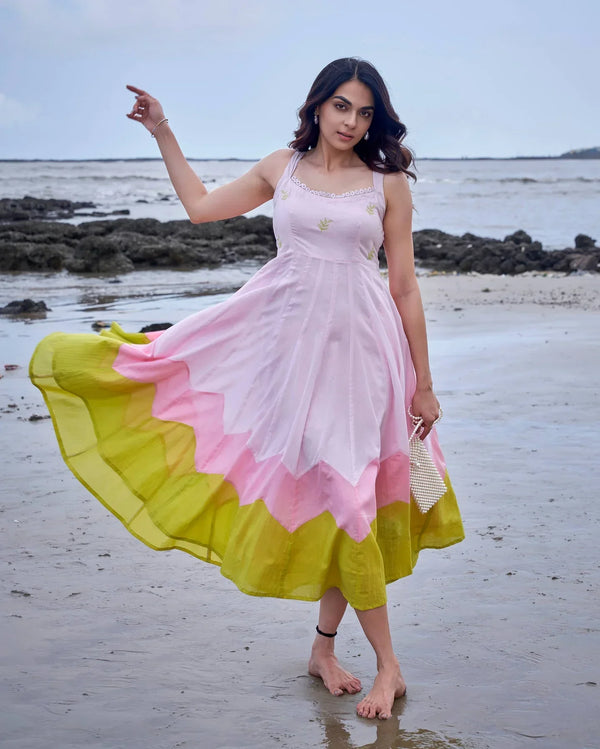 PINK GREEN COLOUR BLOCKING EMBROIDERED COTTON DRESS