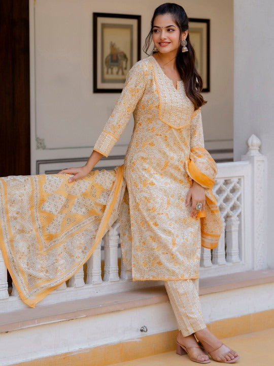 YELLOW PRINTED KURTA WITH PALAZZOS WITH DUPATTA