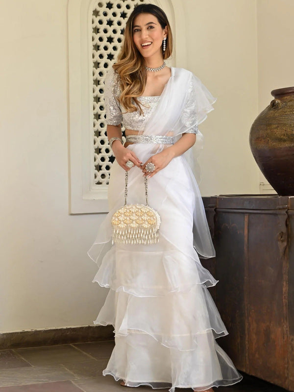 WHITE ORGANZA RUFFLE SAREE