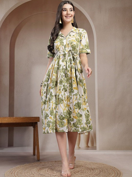 GREEN FLORAL PRINTED SHIRT MIDI DRESS