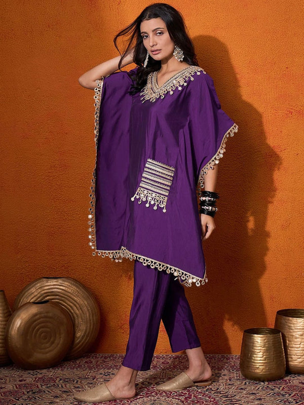 MOTIFS YOKE DESIGN EMBROIDERED KAFTAN KURTA & TROUSERS