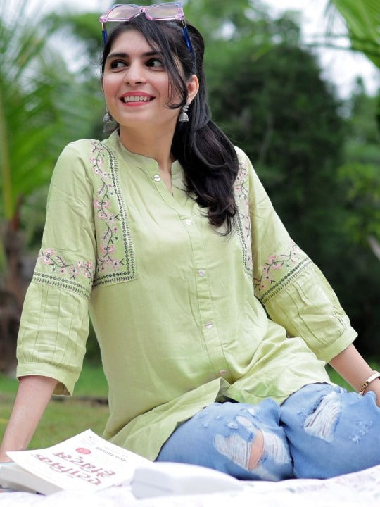 FLORAL EMBROIDERED MANDARIN COLLAR A-LINE KURTI