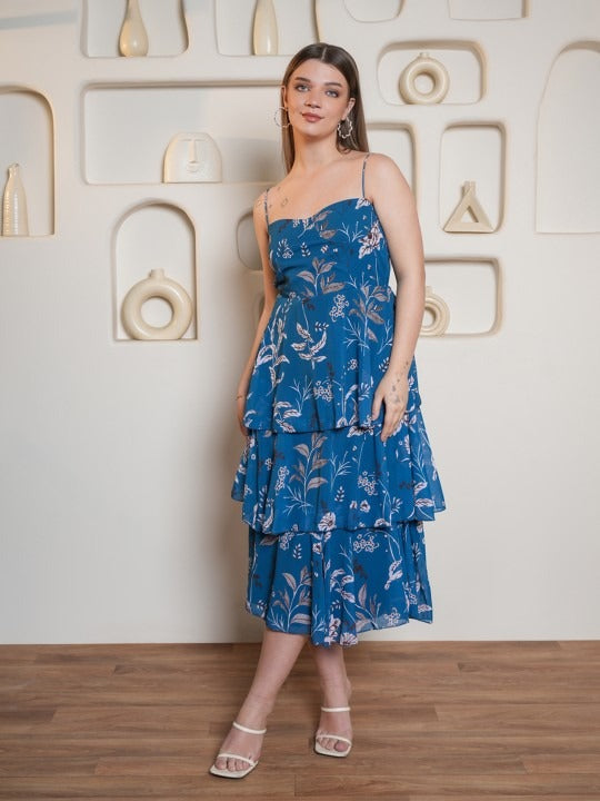 WOMEN FLORAL PRINTED LAYERED GEORGETTE FIT & FLARE MIDI DRESS