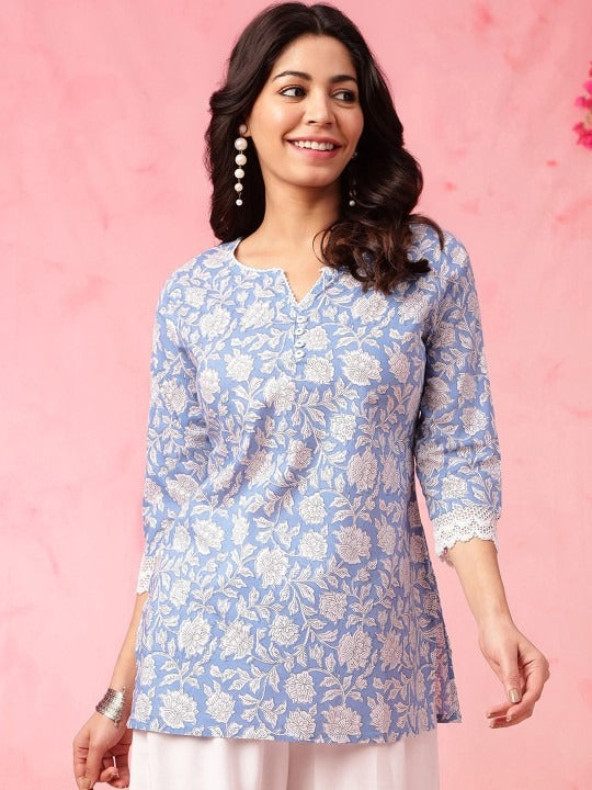 BLUE FLORAL PRINTED SHORT KURTI