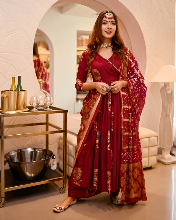 MAROON ANGRAKHA BANDHEJ SUIT SET