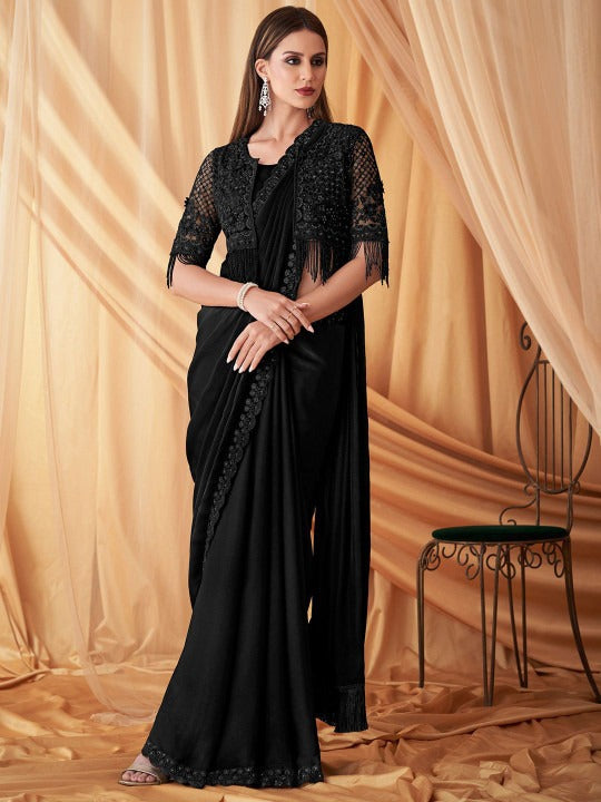 BLACK EMBELLISHED SEQUINNED PURE GEORGETTE SAREE