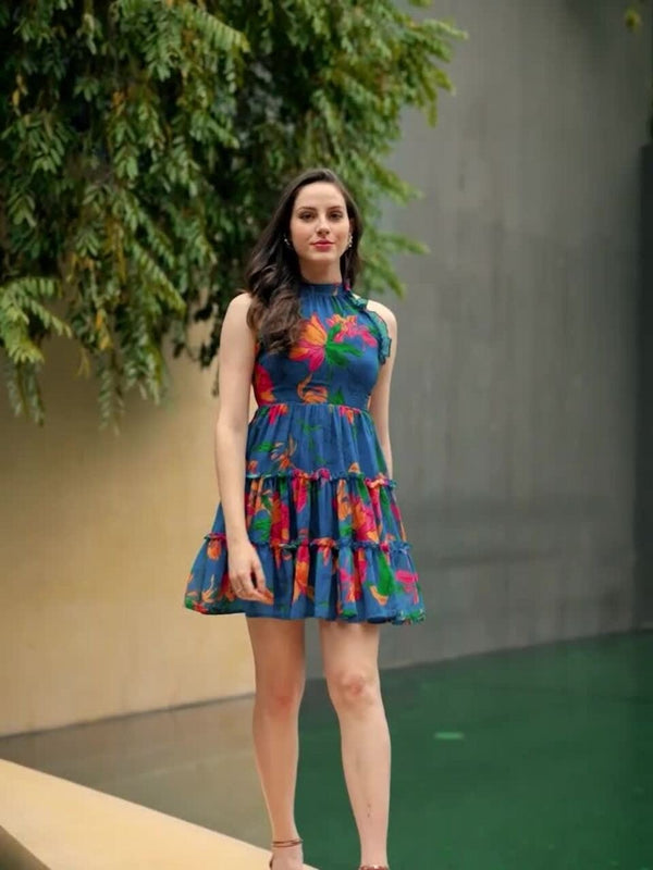 BLUE FLORAL PRINTED FIT & FLARE DRESS
