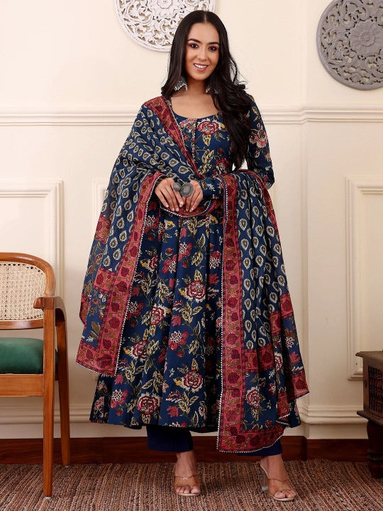 BLUE PRINTED ANARKALI KURTA WITH TROUSERS AND DUPATTA