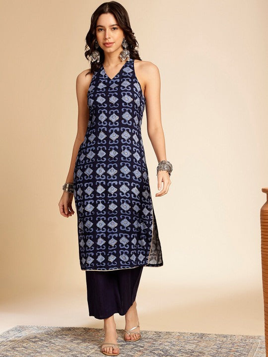 NAVY BLUE PRINTED GEOMETRIC PRINTED KURTA