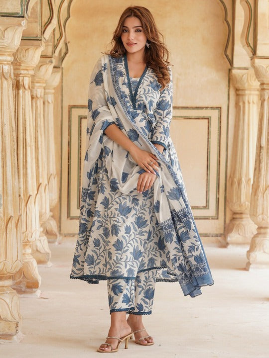 BLUE & WHITE PRINTED KURTA WITH TROUSERS WITH DUPATTA