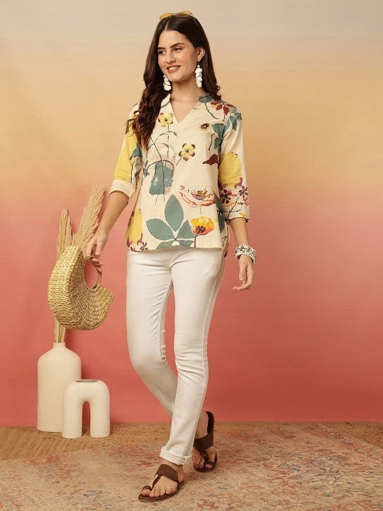 MULTICOLOURED FLORAL PRINT V-NECK COTTON TOP