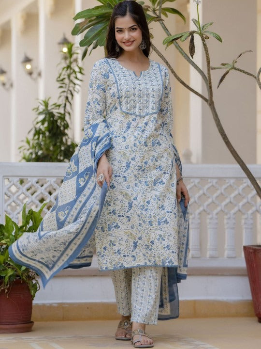 BLUE PRINTED KURTA WITH TROUSERS WITH DUPATTA