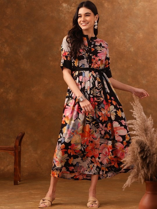 PRINTED ROLL-UP SLEEVES BELTED PLEATED FIT DRESS