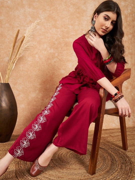 RED EMBROIDERED TOP WITH PALAZZO CO-ORDS