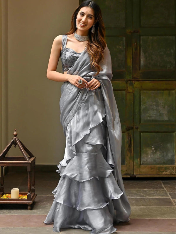 GREY SEQUINS ORGANZA RUFFLE SAREE