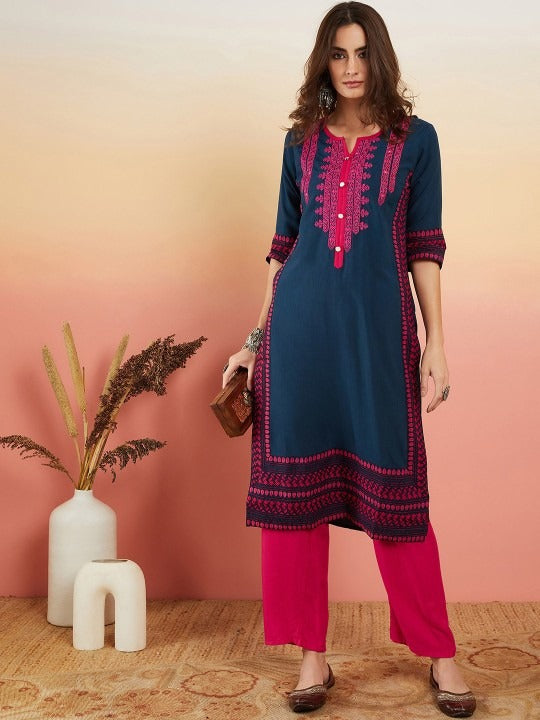 NAVY BLUE WORK STRAIGHT KURTA
