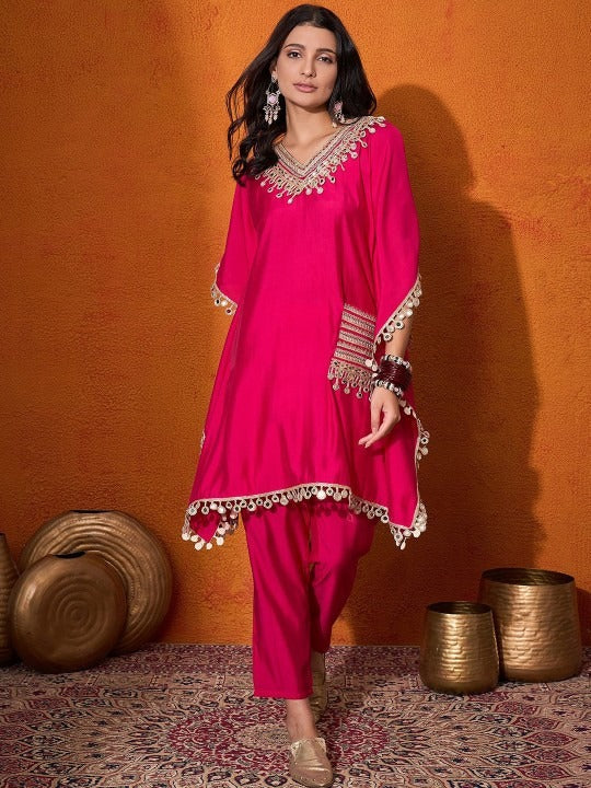 PINK EMBROIDERED V-NECK MIRROR WORK KAFTAN