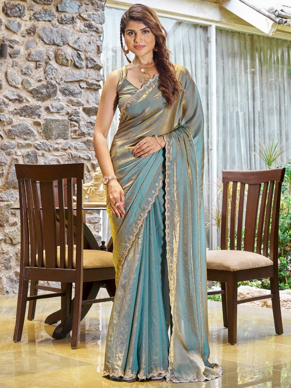 BLUE PARTY WEAR SAREE WITH MATCHING BLOUSE