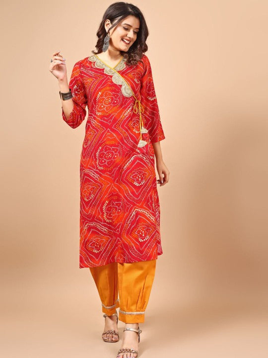 RED BANDHANI PRINTED ANGRAKHA SEQUINED STRAIGHT KURTA