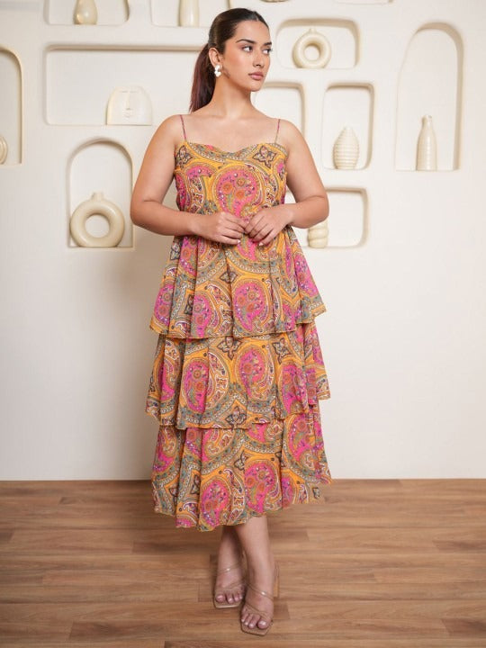 YELLOW PRINT LAYERED FIT & FLARE MIDI DRESS