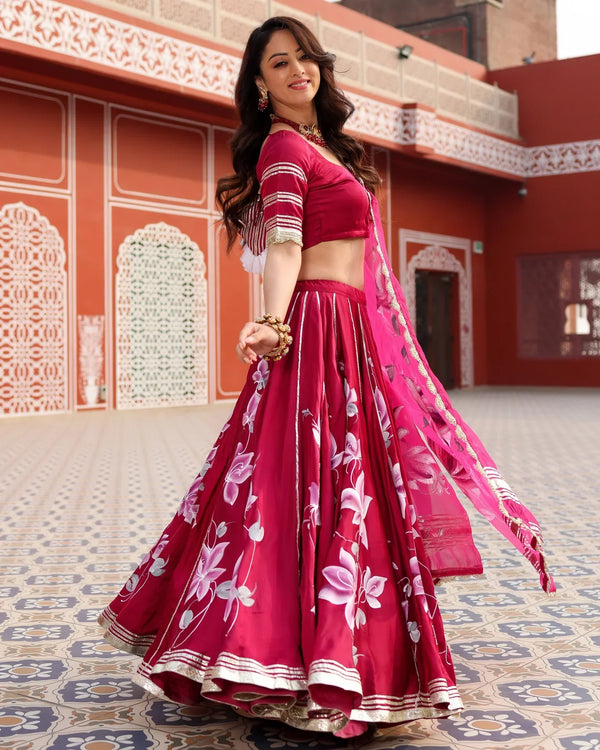 MAGENTA PINK HANDPAINTED LEHENGA SET